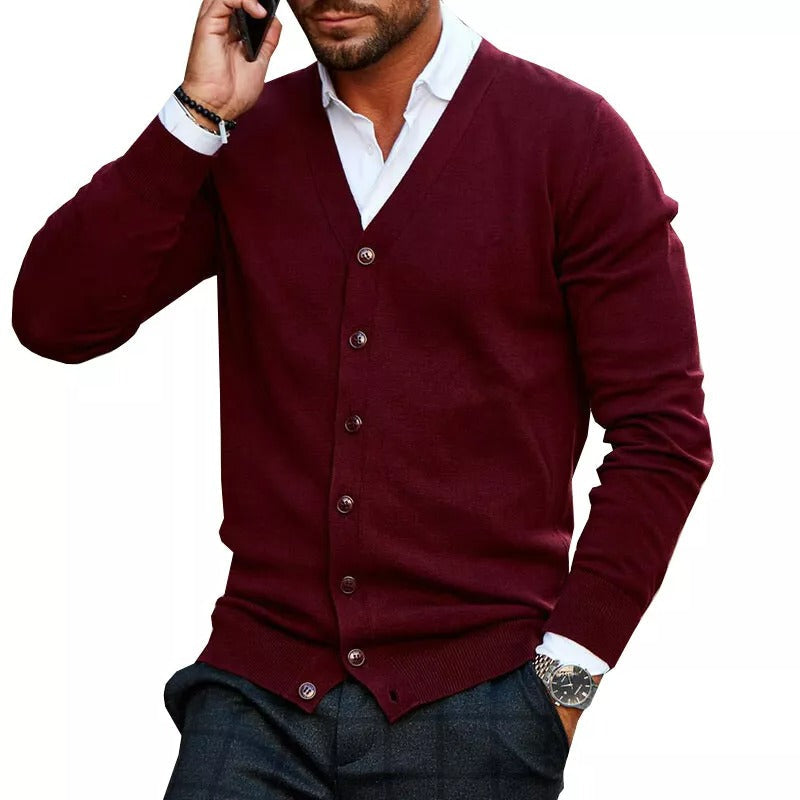Heren Slim Fit V-Hals Cardigan met Knopen en Geribbelde Zoom