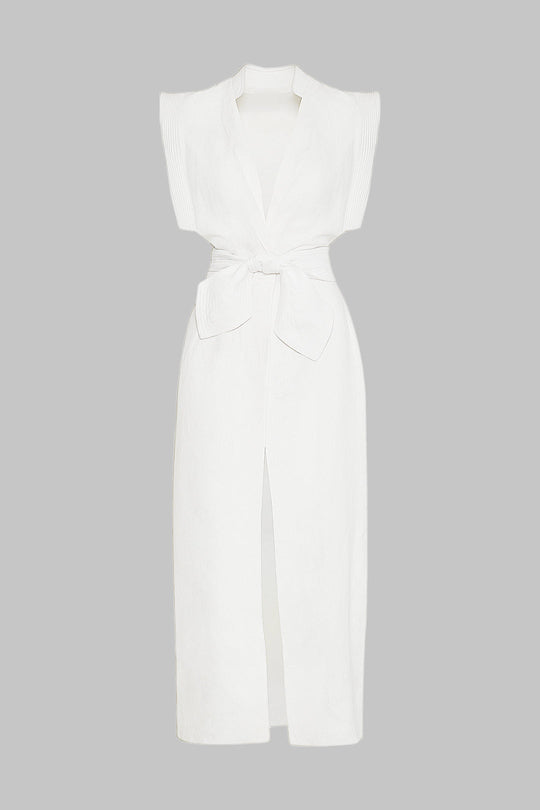 Linen Flutter Sleeve V-Neck Bow Front Split Maxi Dress 