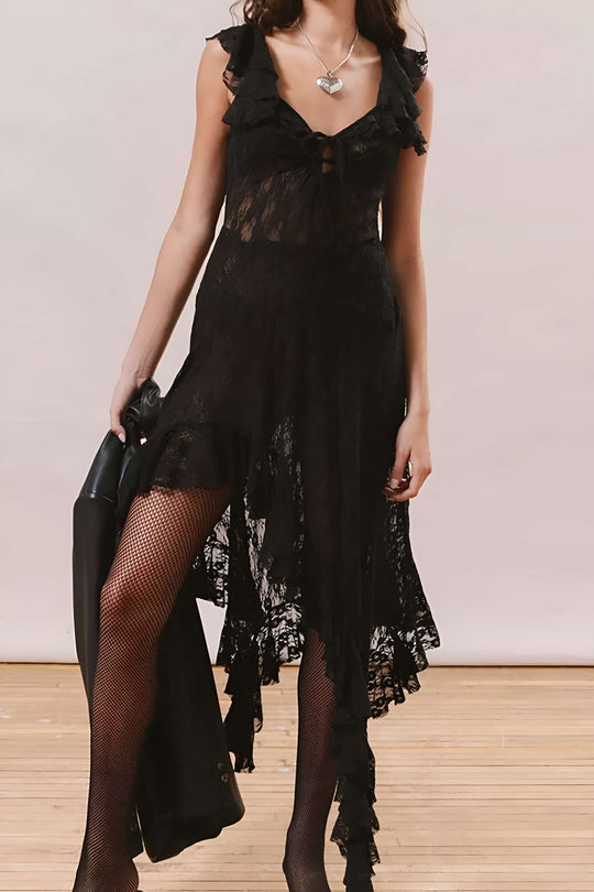 Kanten Asymmetrische Midi Jurk met Strik