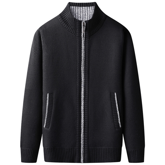 Heren Zip-Up Cardigan met Staande Kraag en Geribbelde Zoomdetails