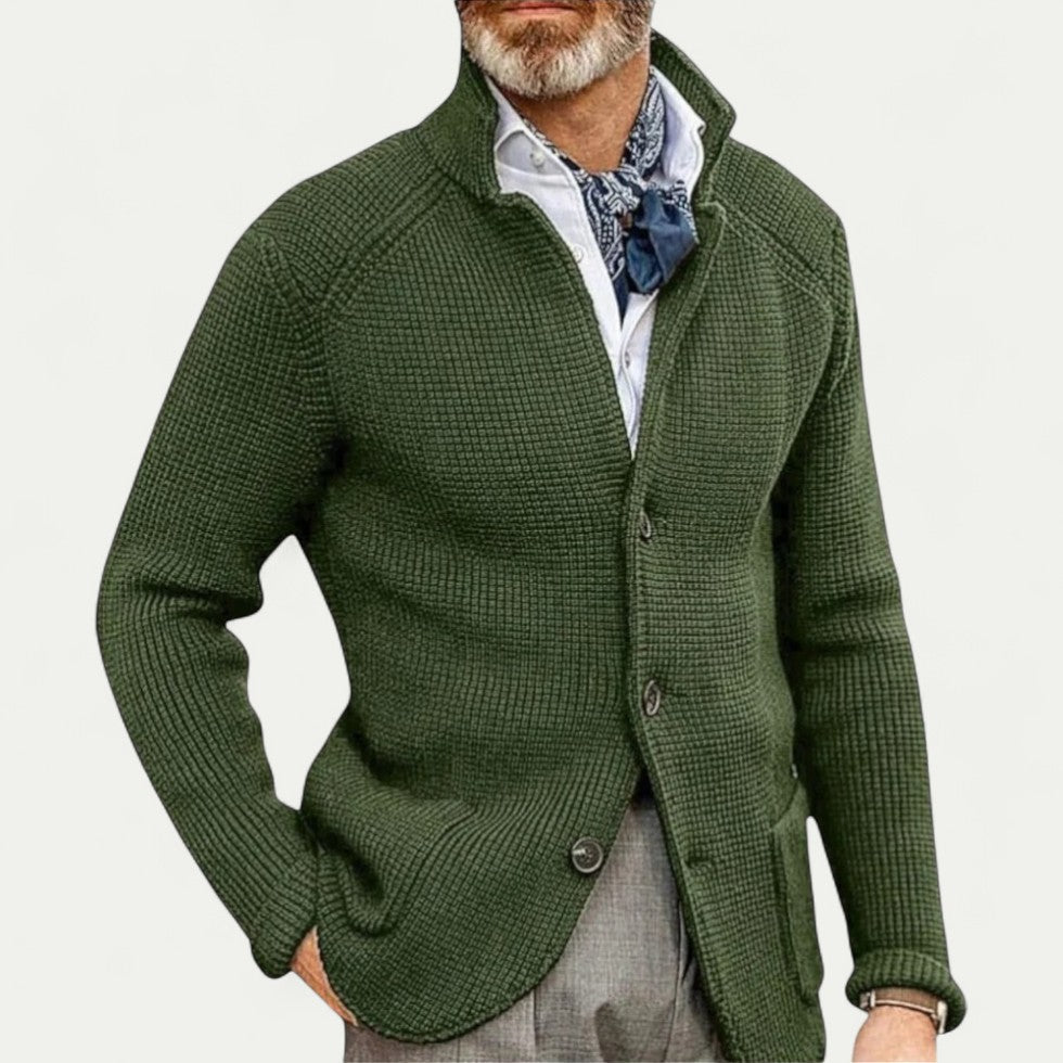 Heren Textured Knit Cardigan met Knopenvoorkant en Staande Kraag