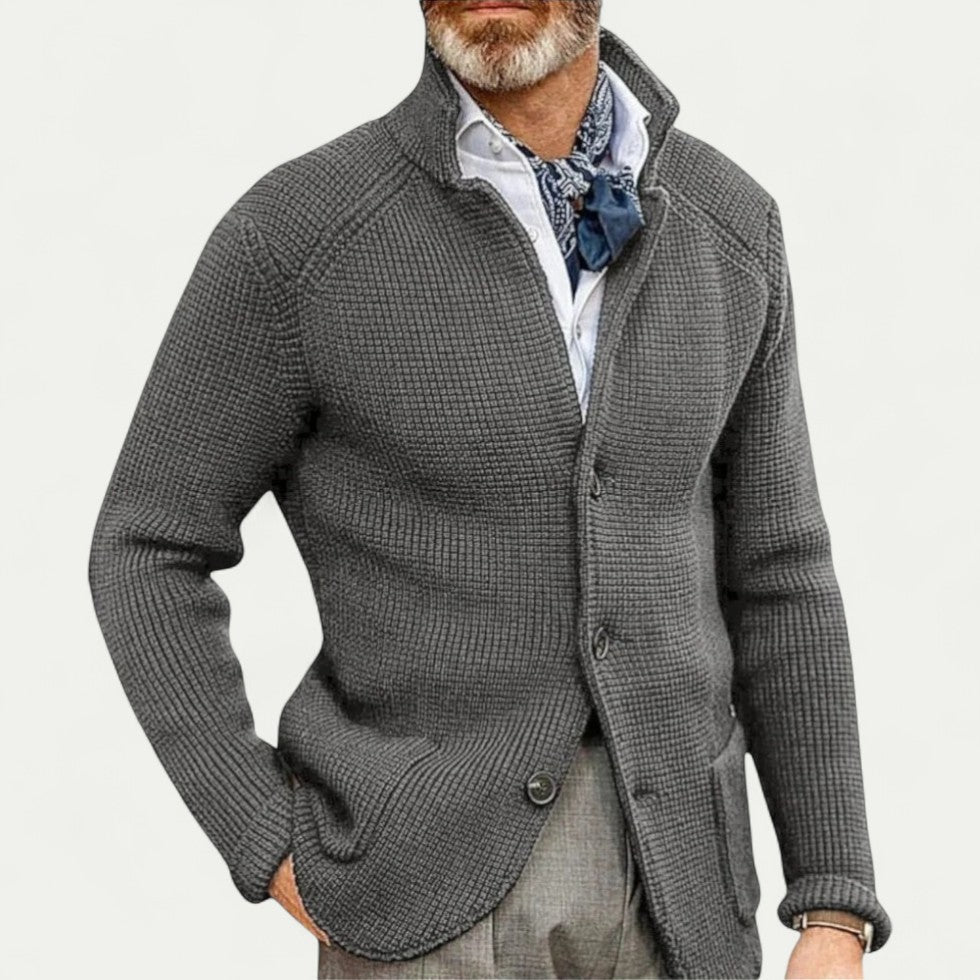 Heren Textured Knit Cardigan met Knopenvoorkant en Staande Kraag