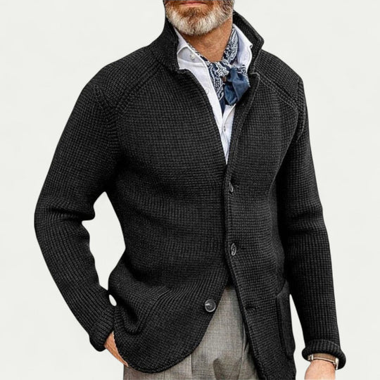 Heren Textured Knit Cardigan met Knopenvoorkant en Staande Kraag