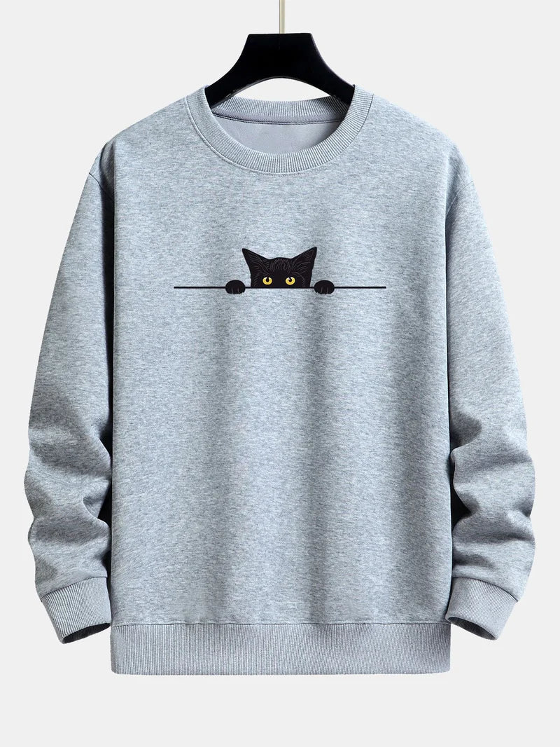 Relaxed Fit Sweatshirt with Black Cat Print for Men | Ideal for Daily Use and Casual Occasions