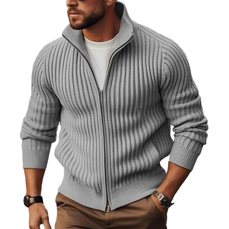 Men's Ribbed Zip-Up Cardigan with Stand Collar and Fitted Silhouette