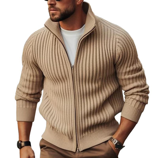 Men's Ribbed Zip-Up Cardigan with Stand Collar and Fitted Silhouette
