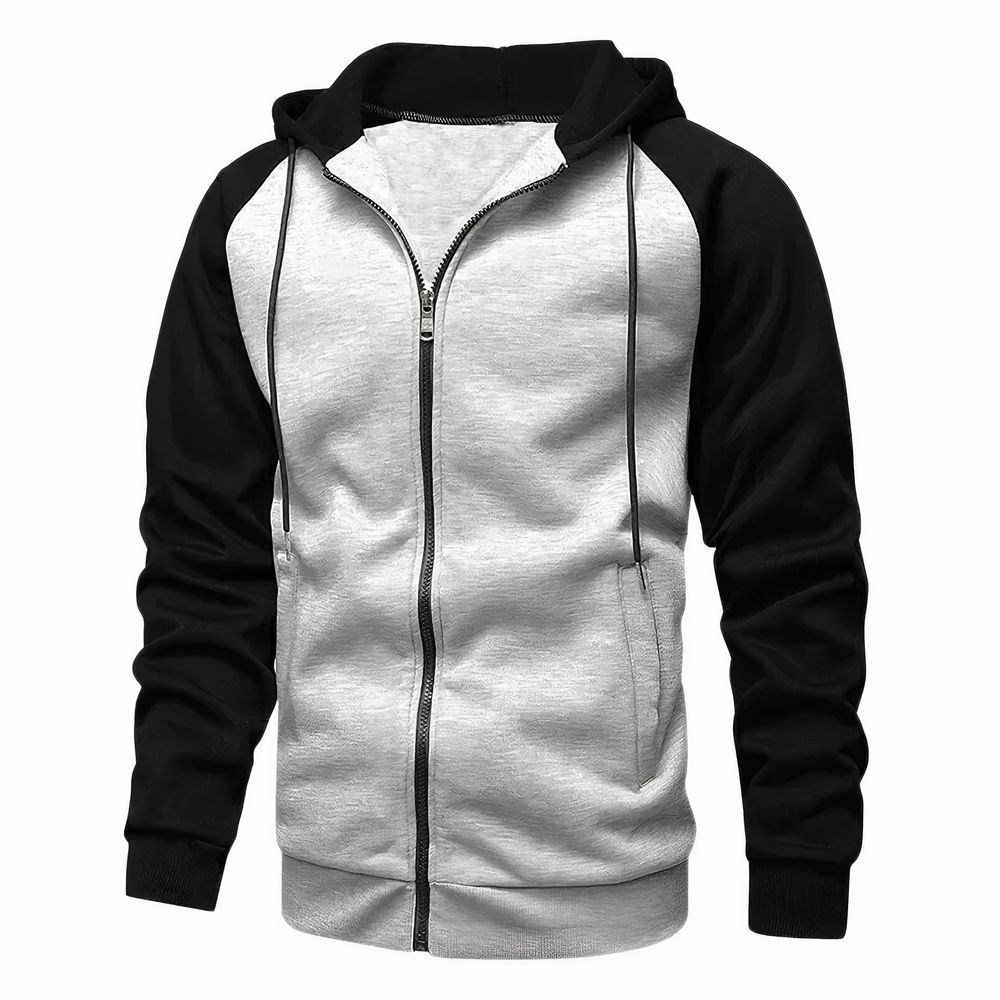 Men's Sporty Zip-Up Hoodie with Drawstring Hood and Raglan Sleeves