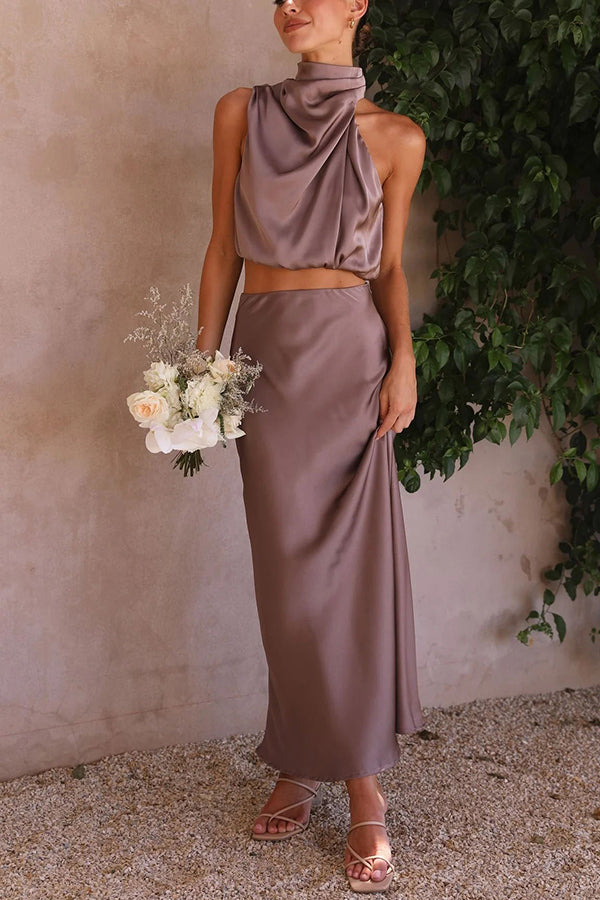 Soleil | Elegante Set | Satijnen Look | 2-Delig | Maxi Rok | Open Rug | Stijlvol