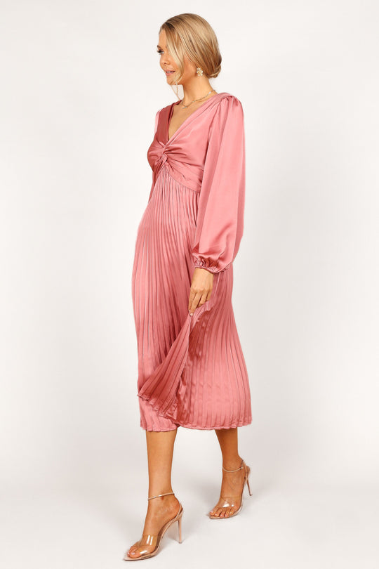 Noelle Twist Front Plissé Midi Jurk - Blush