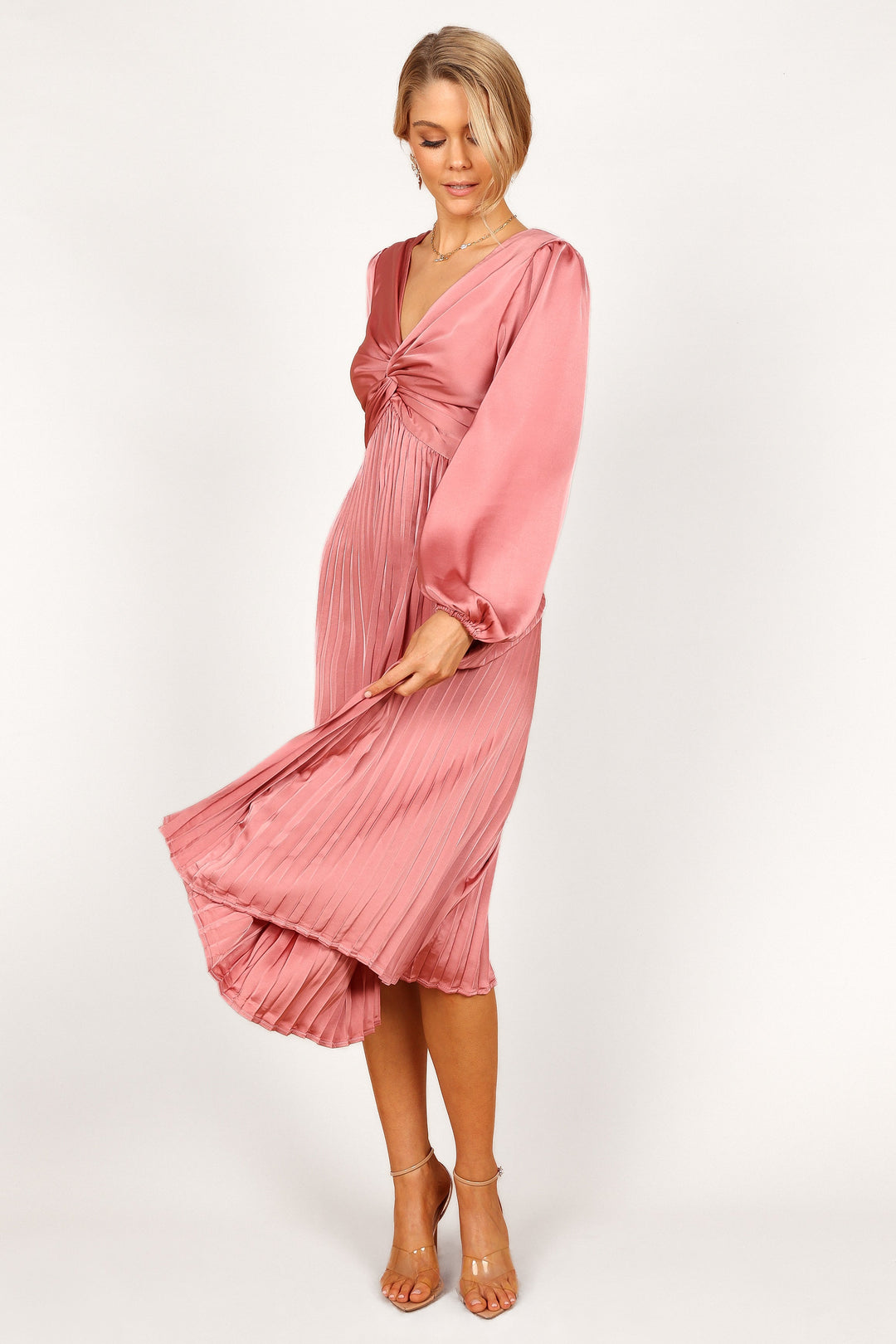 Noelle Twist Front Plissé Midi Jurk - Blush