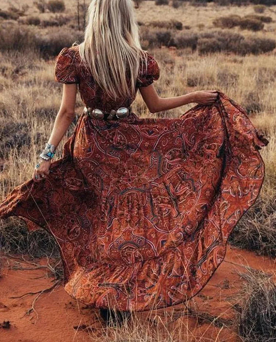Women's Maxi Dress | Bohemian Paisley Print | Voluminous Sleeves &amp; High Slit