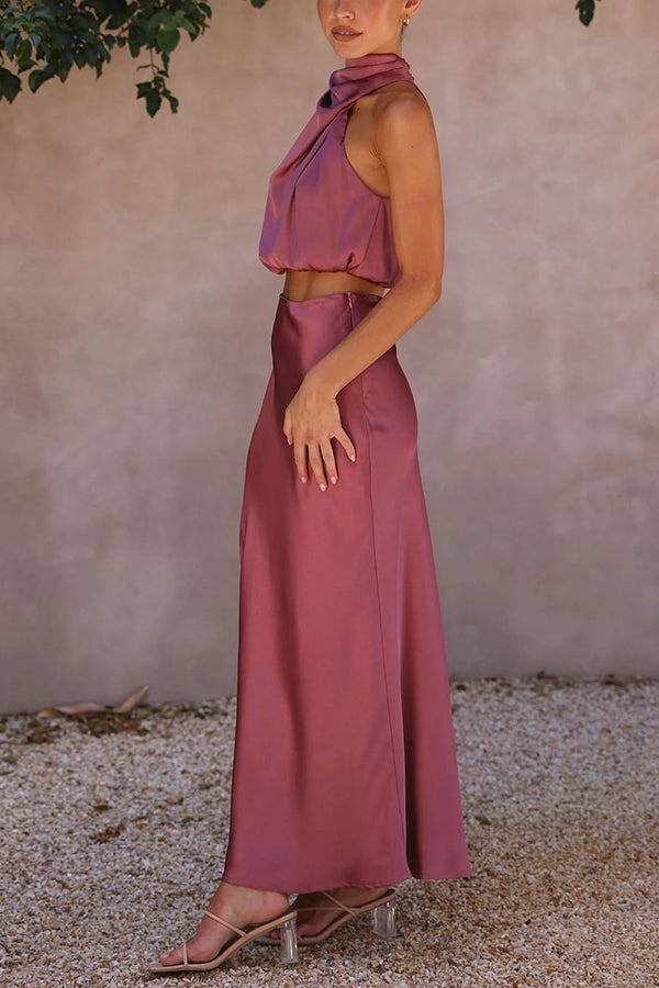 Soleil | Elegante Set | Satijnen Look | 2-Delig | Maxi Rok | Open Rug | Stijlvol