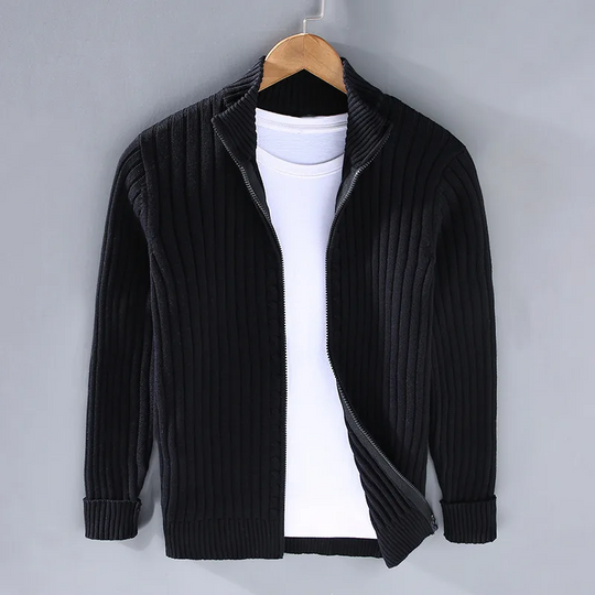 Men's Ribbed Knit Cardigan with Open Front and Turn-down Collar
