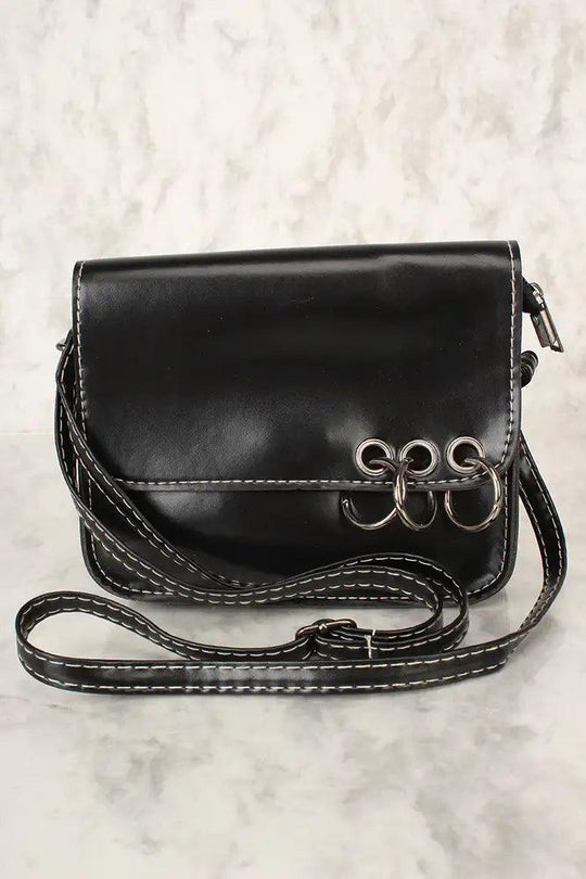 Sexy Black Faux Leather O-Ring Accent Small Shoulder Bag/Handbag