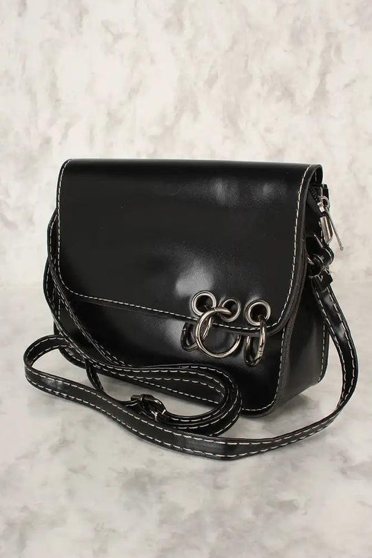 Sexy Black Faux Leather O-Ring Accent Small Shoulder Bag/Handbag