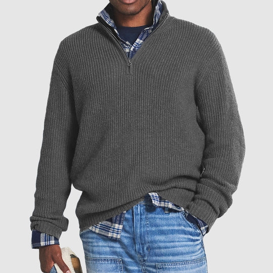 Men's Ribbed Knit Half Zip Sweater with Stand Collar and Long Sleeves