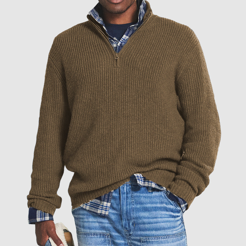 Men's Ribbed Knit Half Zip Sweater with Stand Collar and Long Sleeves