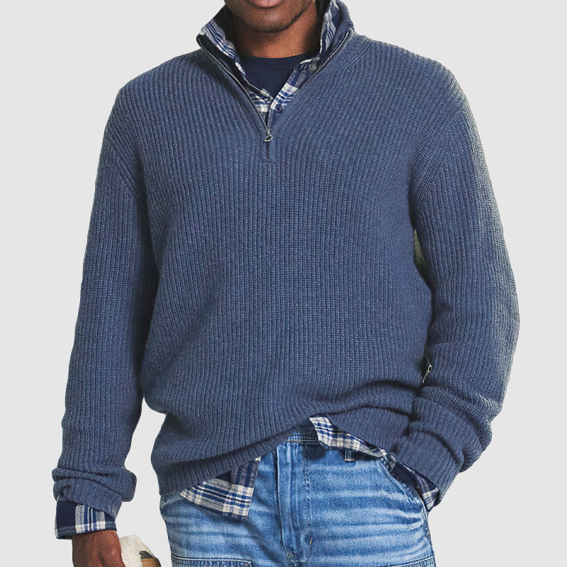 Men's Ribbed Knit Half Zip Sweater with Stand Collar and Long Sleeves