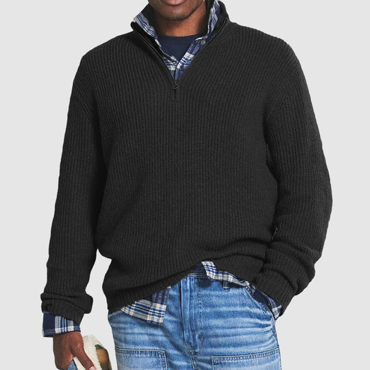 Men's Ribbed Knit Half Zip Sweater with Stand Collar and Long Sleeves